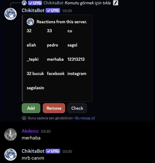 /reactions — admins define trigger words; when a member writes "merhaba", the bot answers with the configured reply.