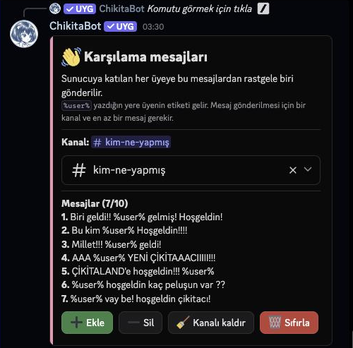 /welcome — admins pick a channel and messages; one is posted (with %user%) when a member joins.