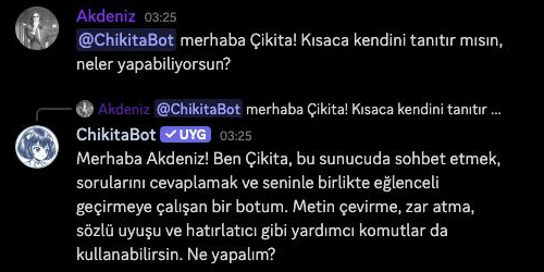 Mentioning @ChikitaBot — the self-hosted AI answers as a Discord bot.