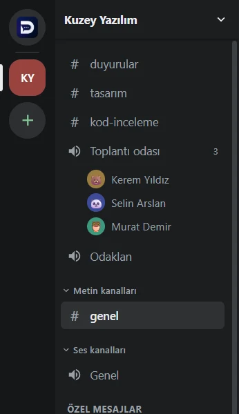 Kuzey Yazılım sunucusunun kanal listesi ve Toplantı odasındaki kişiler.